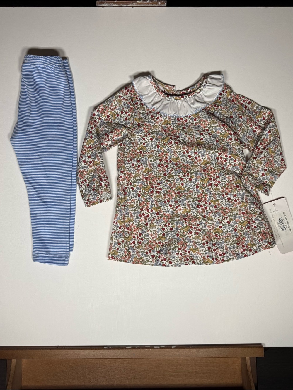 Blue Stripe Leggings & Floral Ruffle Neck Top Kids Matching Set